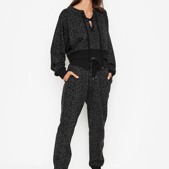 NeW!! VICTORIA'S SECRET COTTON FLEECE BLACK LEOPARD LACE-UP JOGGERS SeT! Large L - Picture 1 of 12